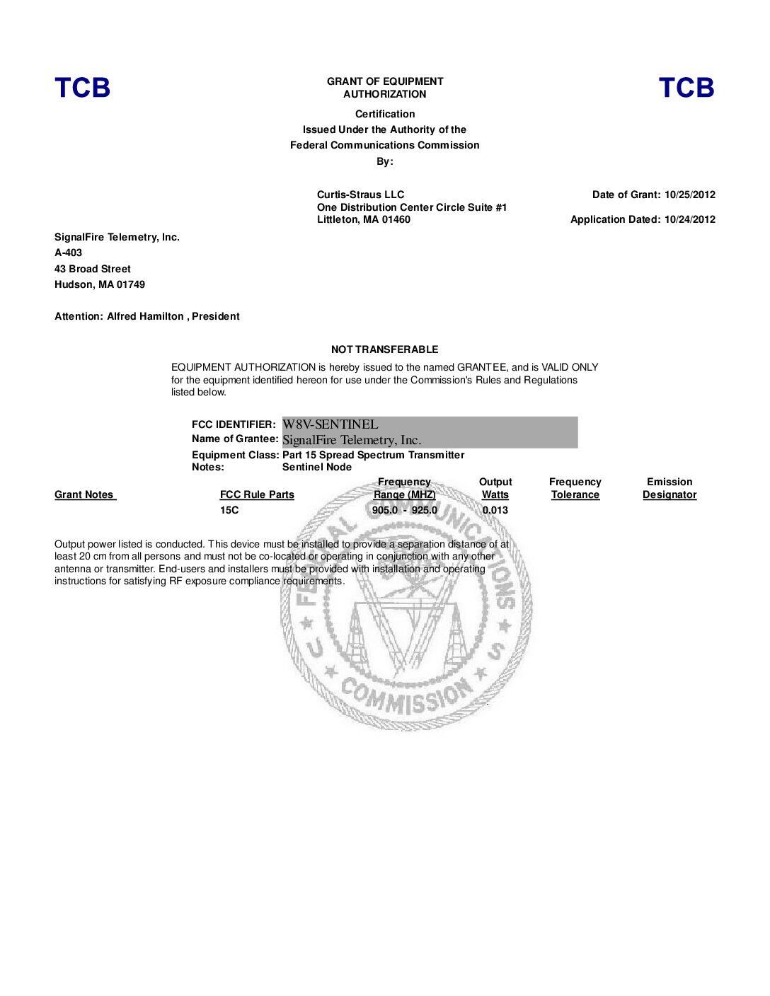Sentinel FCC Certificate