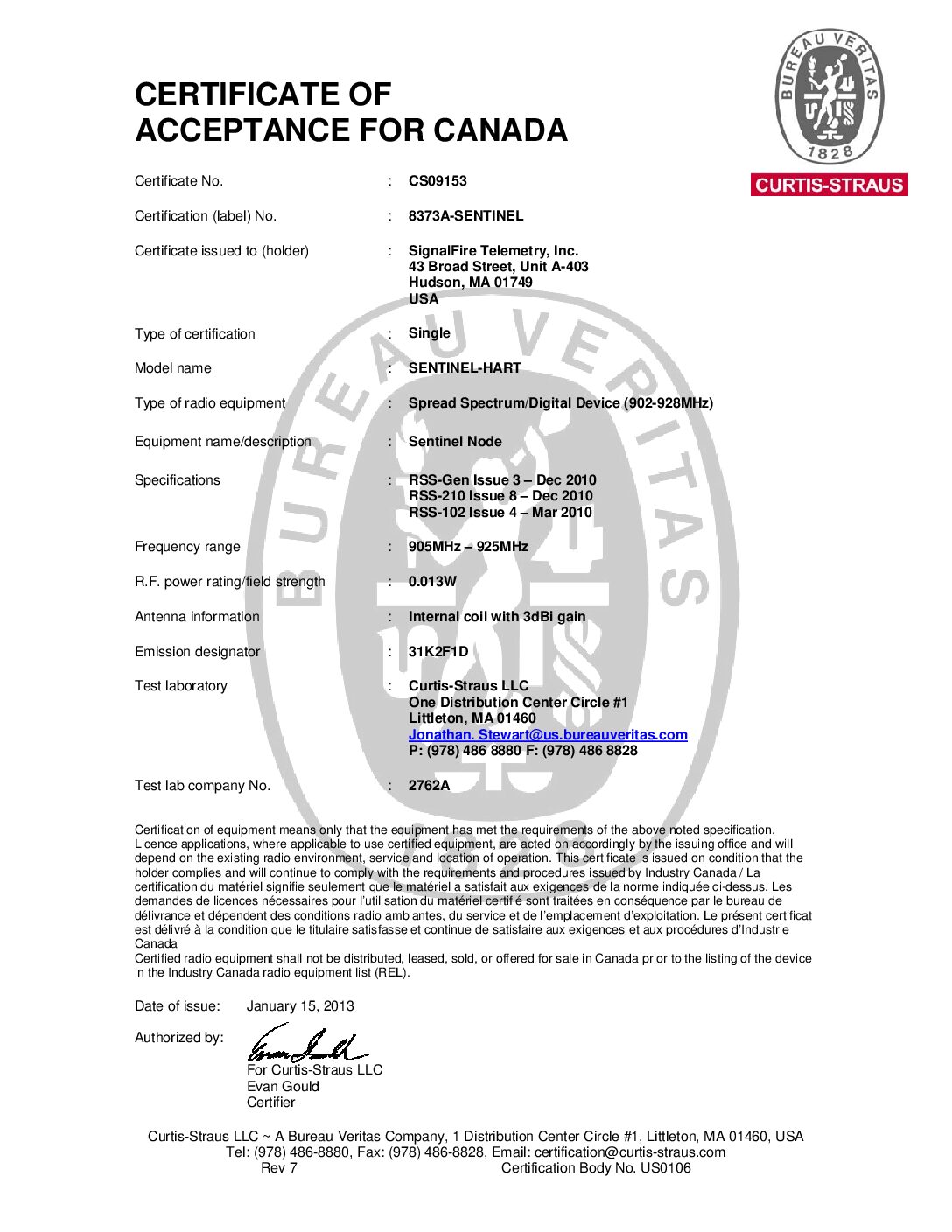 Sentinel IC Certificate