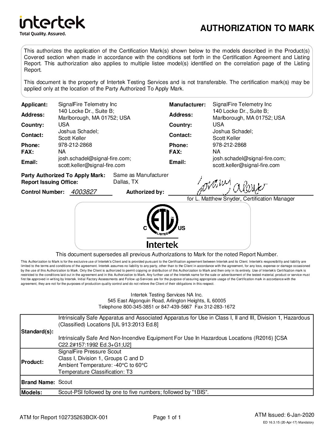 Pressure Scout C1D1 Certificate