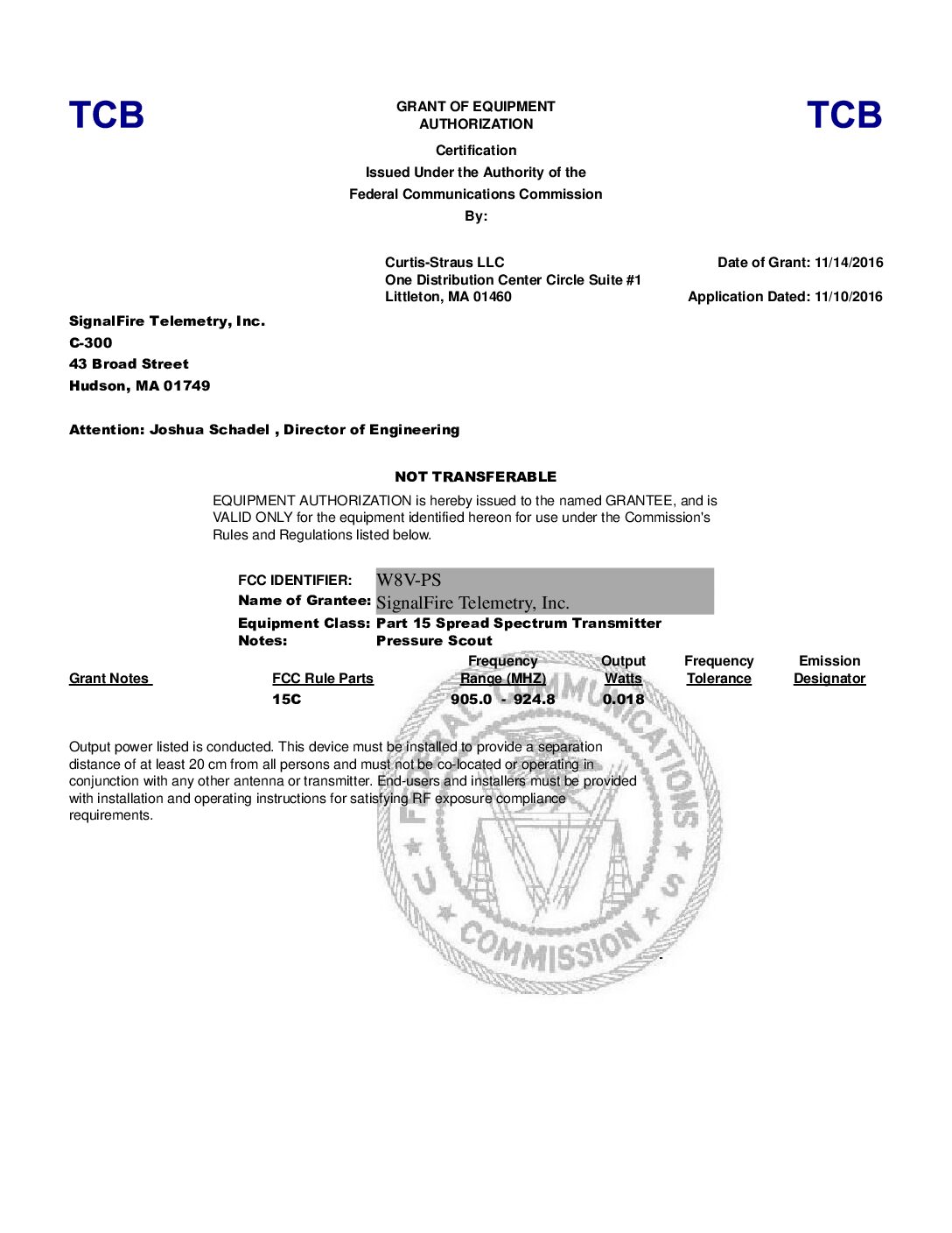 Pressure Scout FCC Certificate
