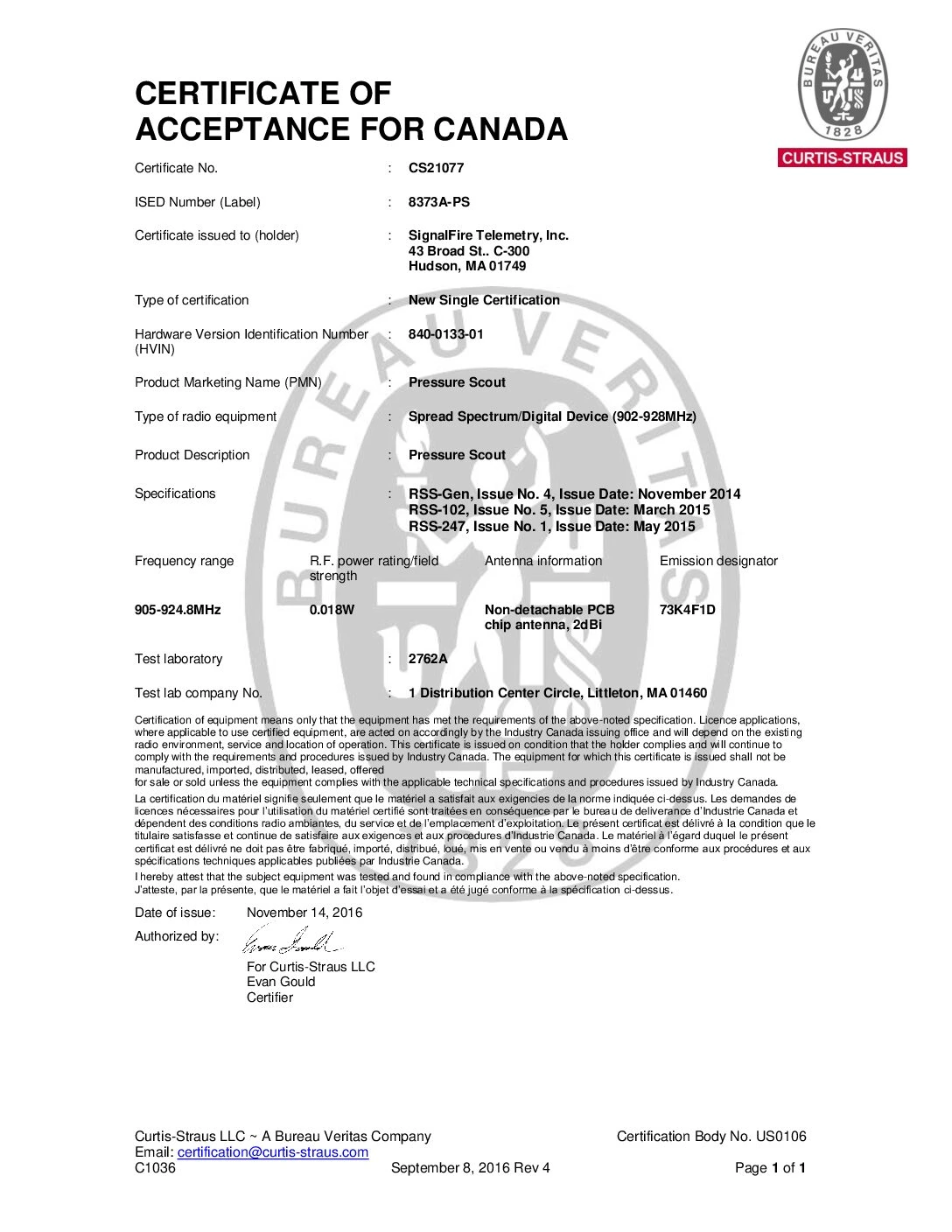 Pressure Scout IC Certificate