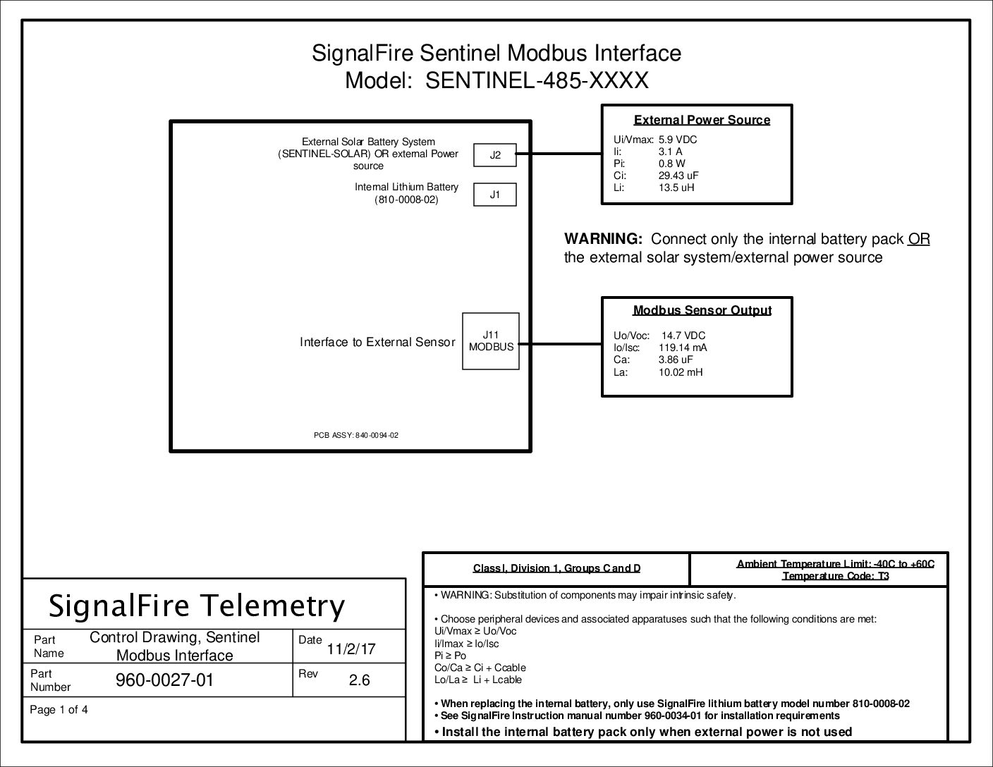 Sentinel – Control Drawing – Modbus, Thermocouple, RTD, and Float Stick