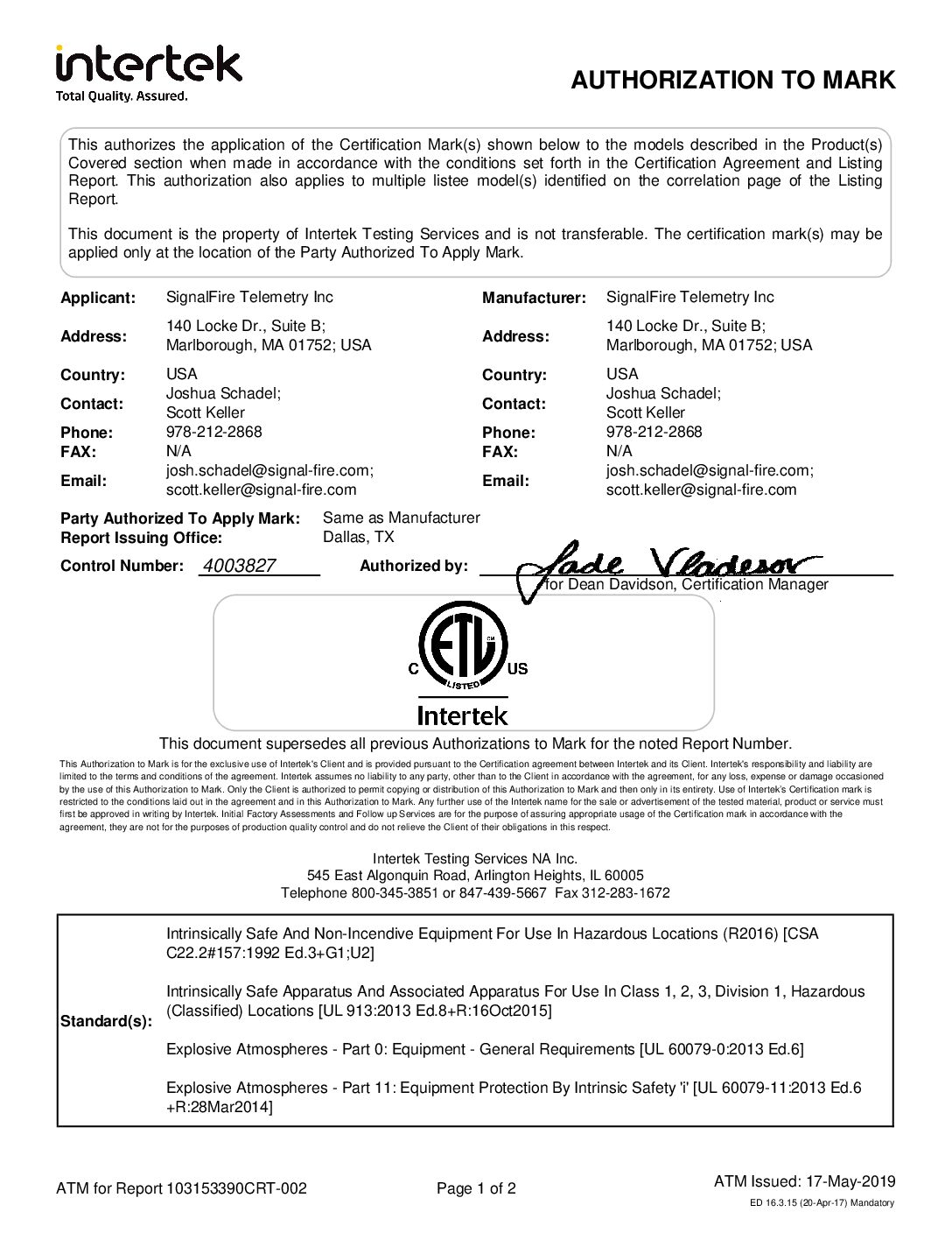 Wireless Flow Totalizer C1D1 Certificate