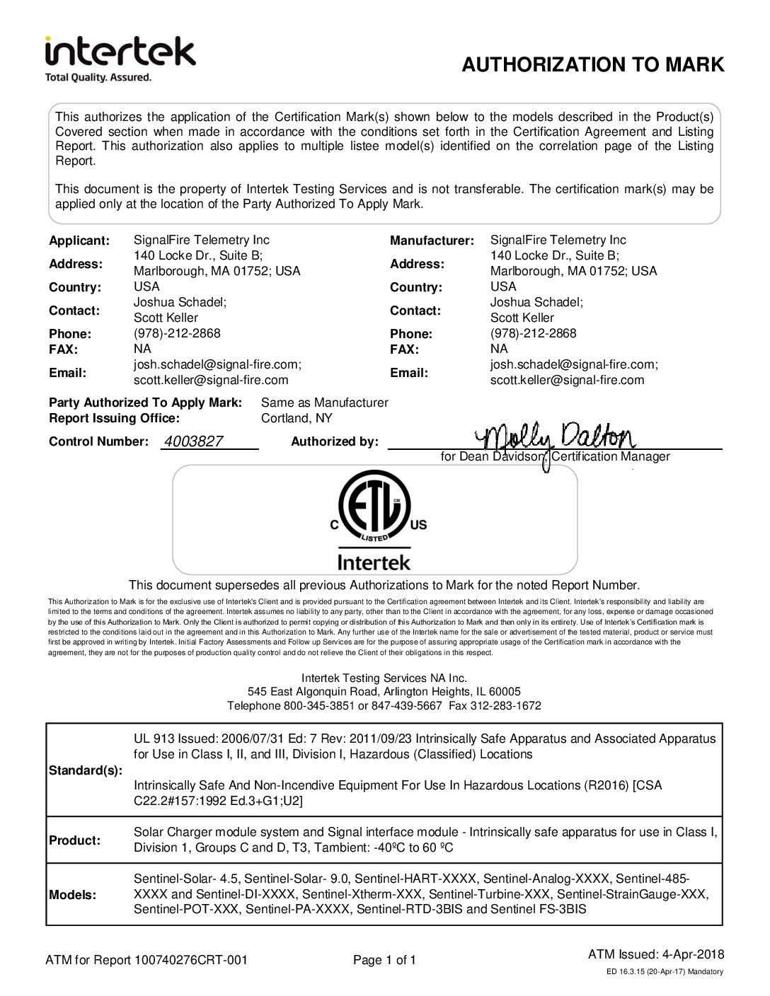Sentinel Family Hazardous Location C1D1 Certificate