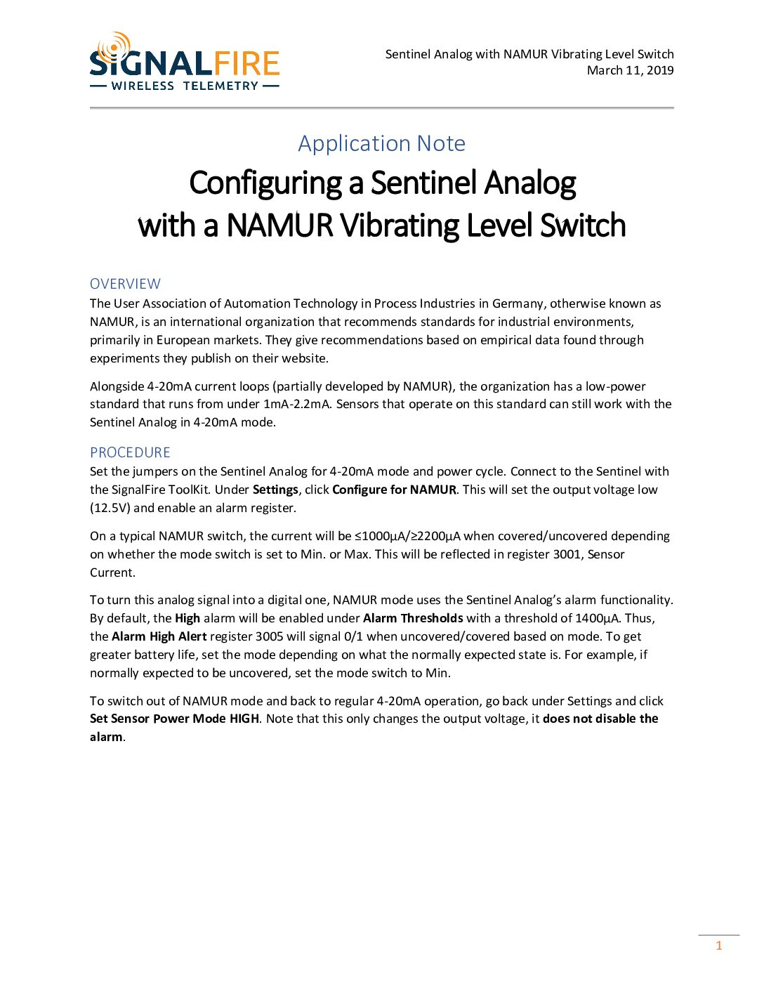 Sentinel Analog with NAMUR