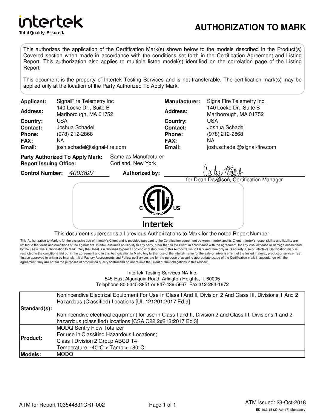 ModQ Sentry C1D2 Certificate