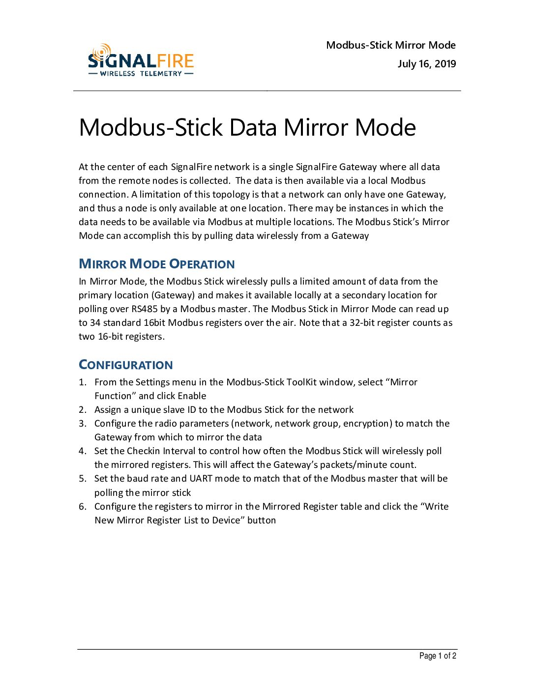 Modbus-Stick Data Mirror Mode