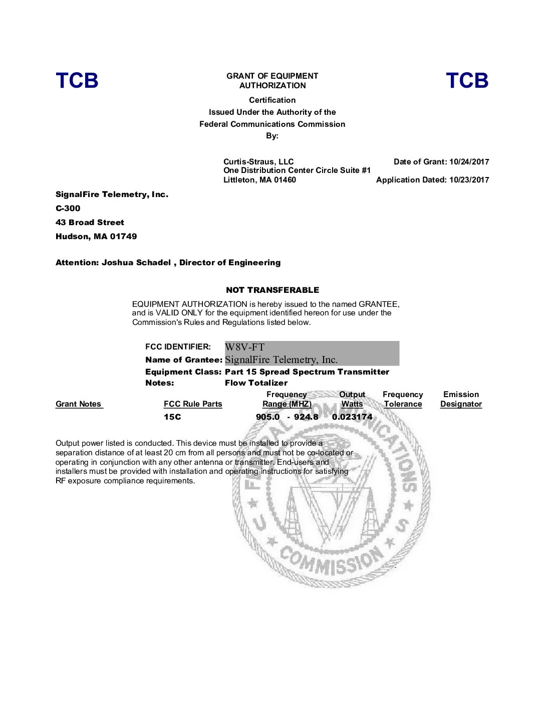 Wireless Flow Totalizer FCC Certificate