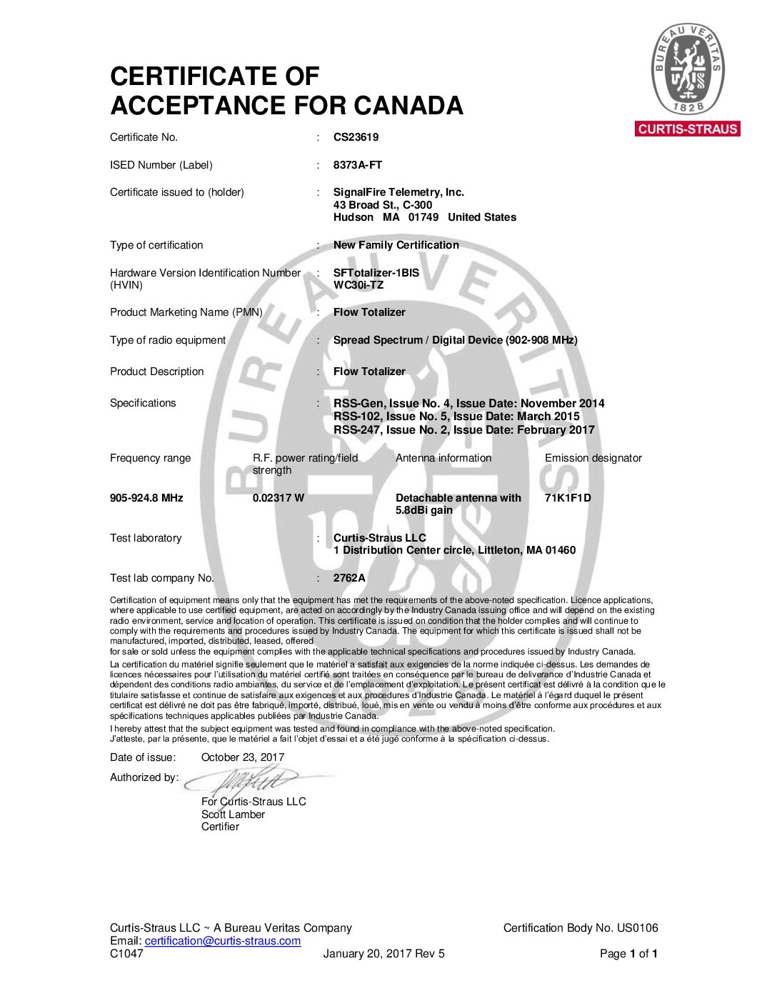 Wireless Flow Totalizer IC Certificate