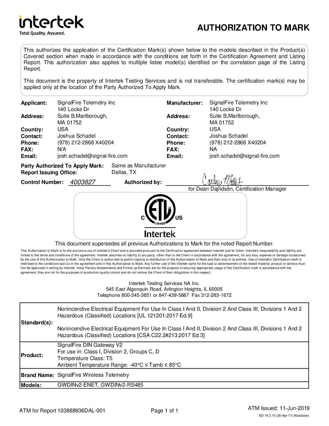 DIN Gateway C1D2 Certificate