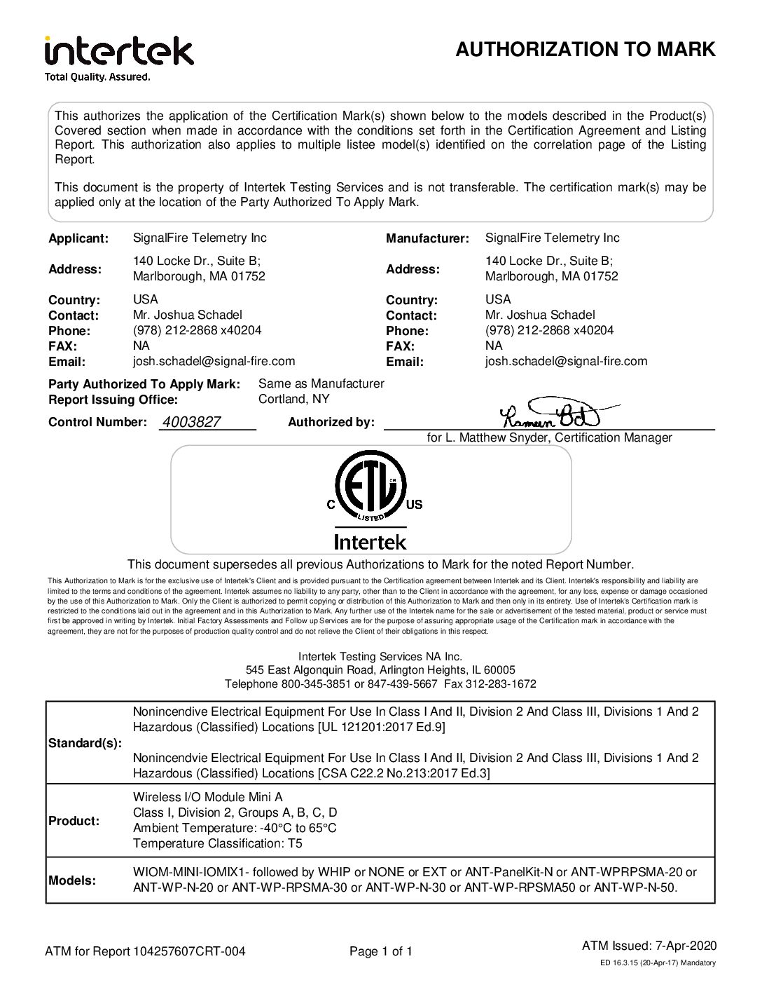 Mini Wireless IO Module C1D2 Certificate