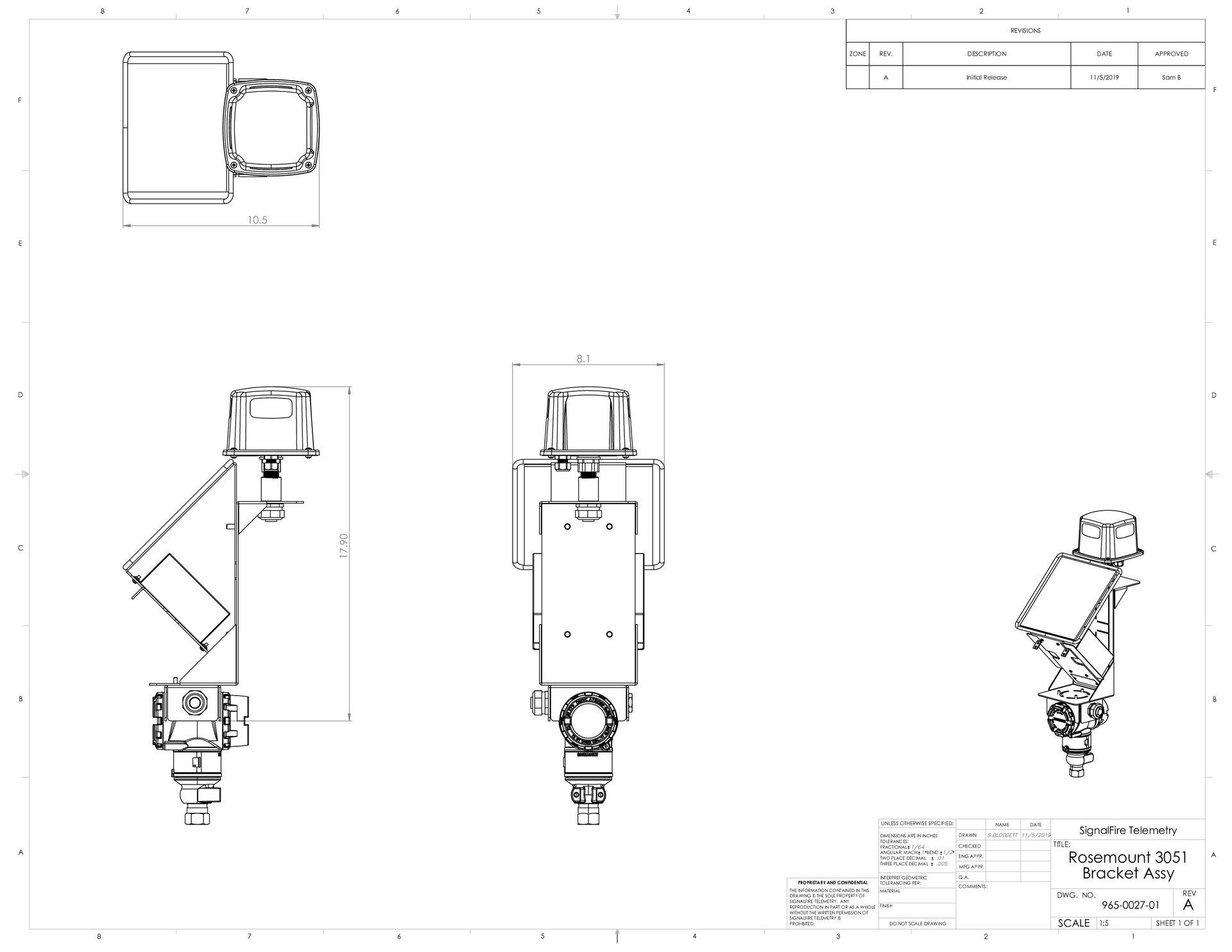 Sentinel-Solar to Rosemount 3051 Bracket Dimensional Drawing
