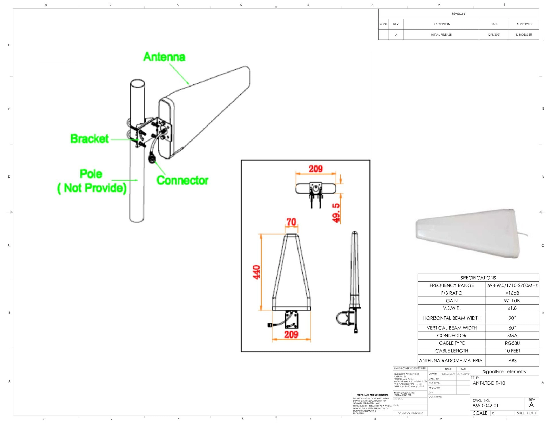Remote RANGER LTE Directional Antenna Dimensional Drawing
