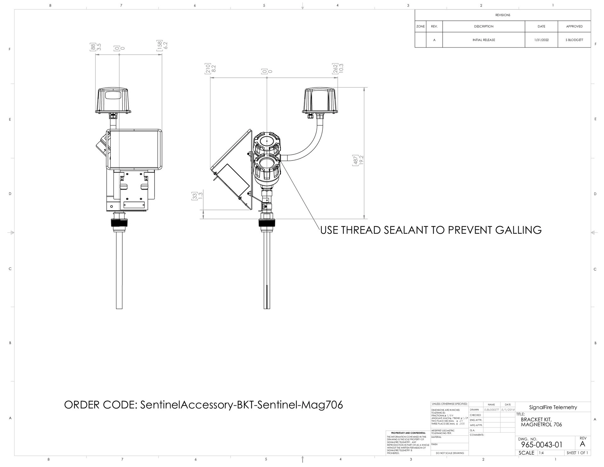 Sentinel HC Solar Magnetrol 706 Bracket Kit Dimensional Drawing