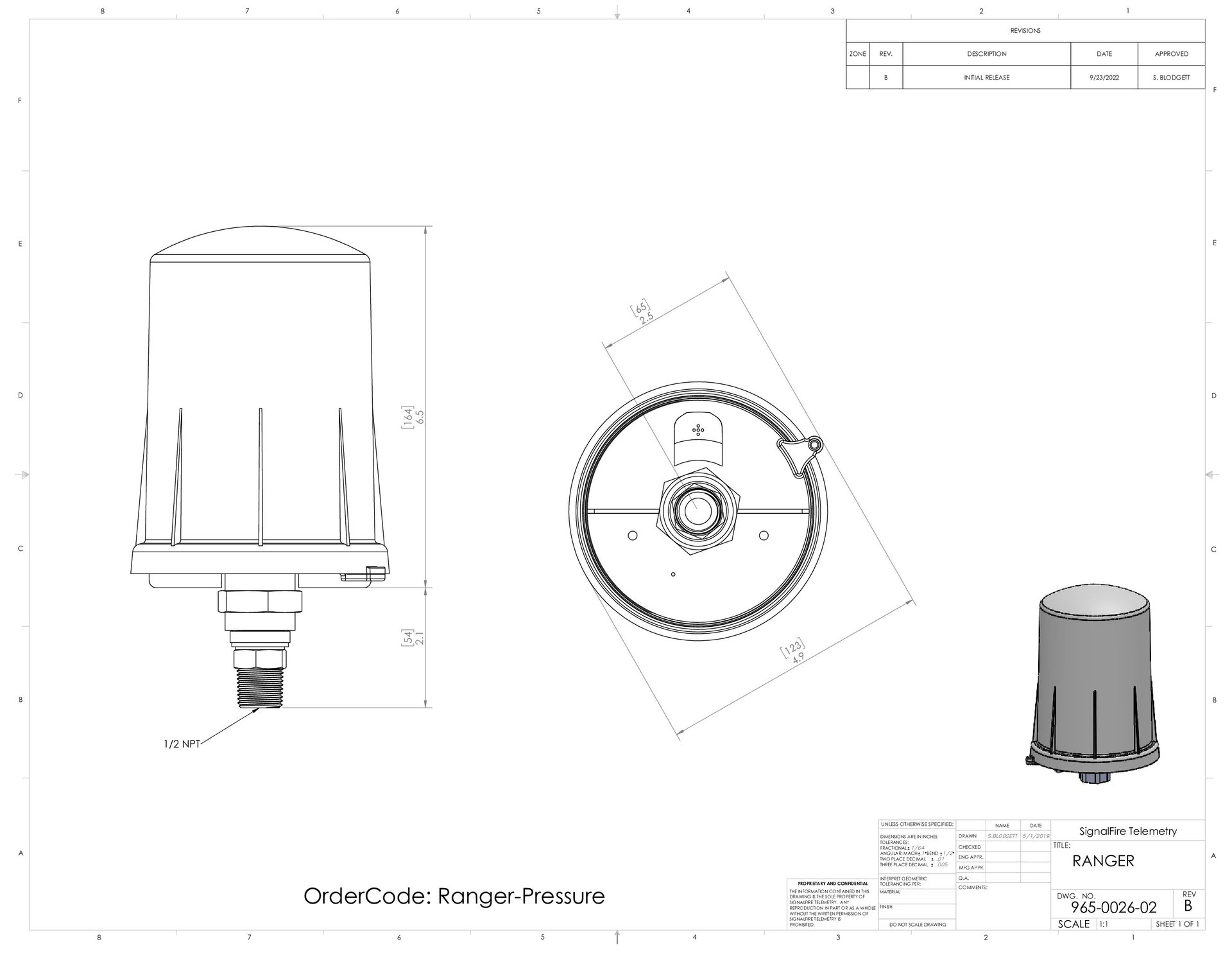 Pressure RANGER Dimensional Drawing